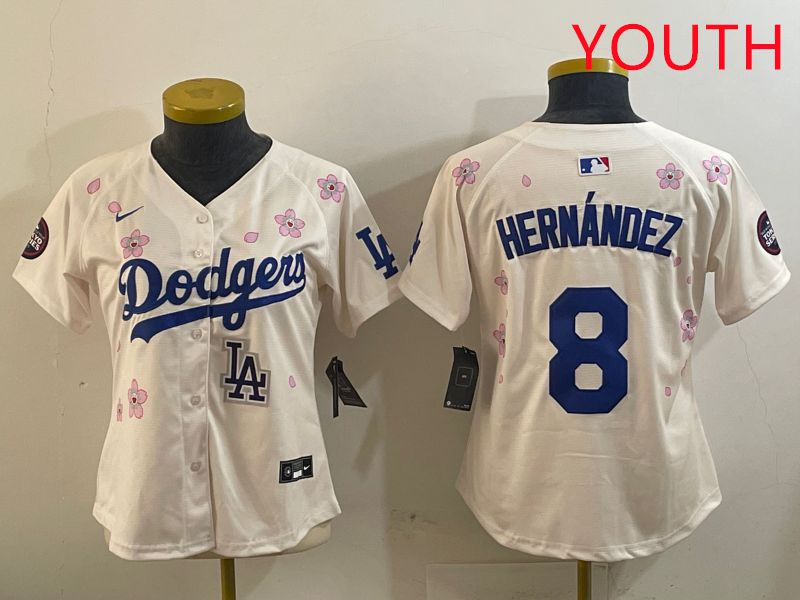 Youth Los Angeles Dodgers 8 Hernandez Cream Sakura Edition 2025 Nike MLB Jersey style 9